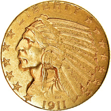 Moneta, Stati Uniti, Indian Head, $5, Half Eagle, 1911, Denver, Rare, BB, Oro