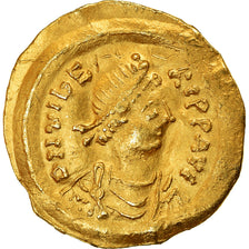 Moeda, Maurice Tiberius, Tremissis, 583-602, Constantinople, AU(50-53), Dourado