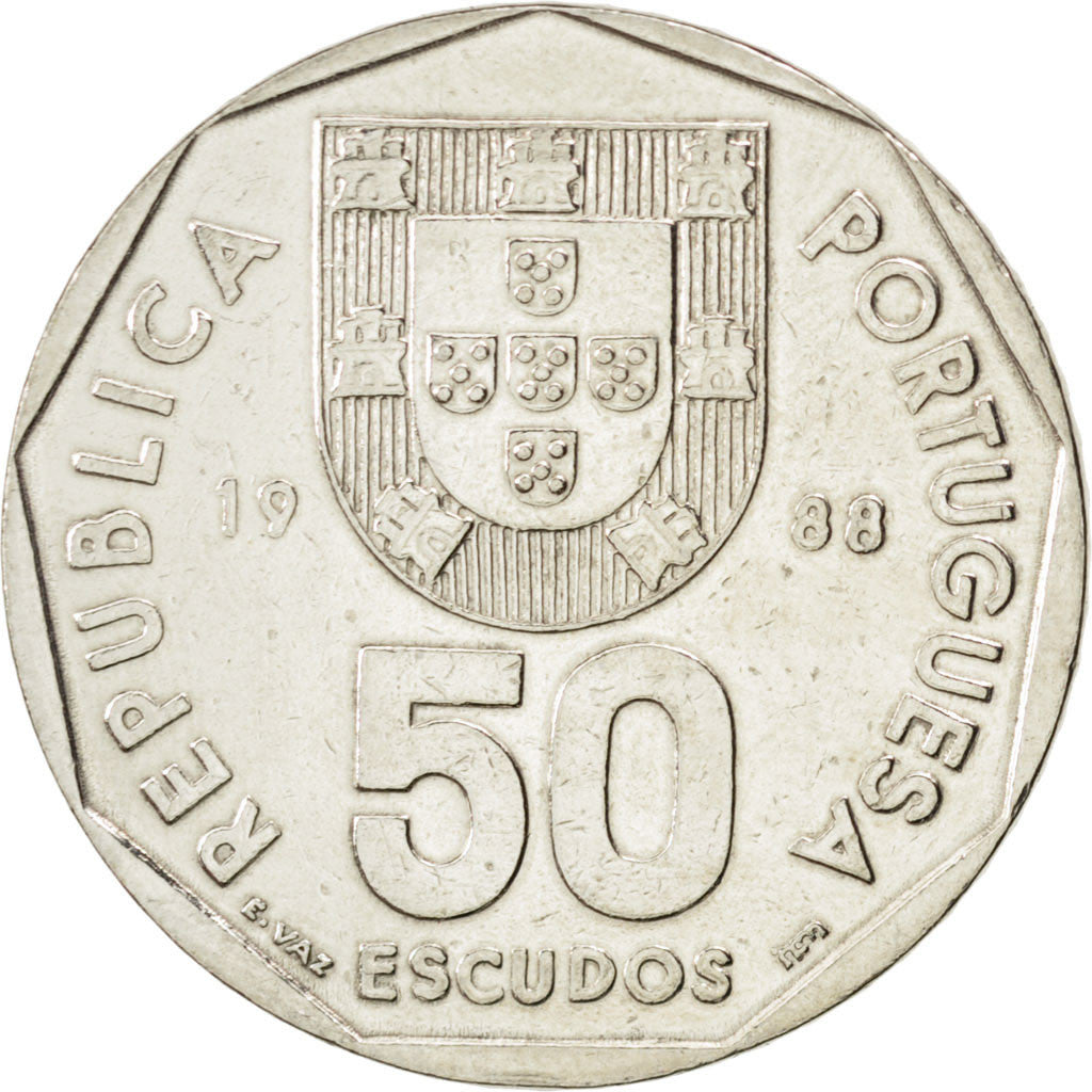 PORTUGAL, 50 Escudos, 1988, KM #636, MS(63), Copper-Nickel, 31, 9.45