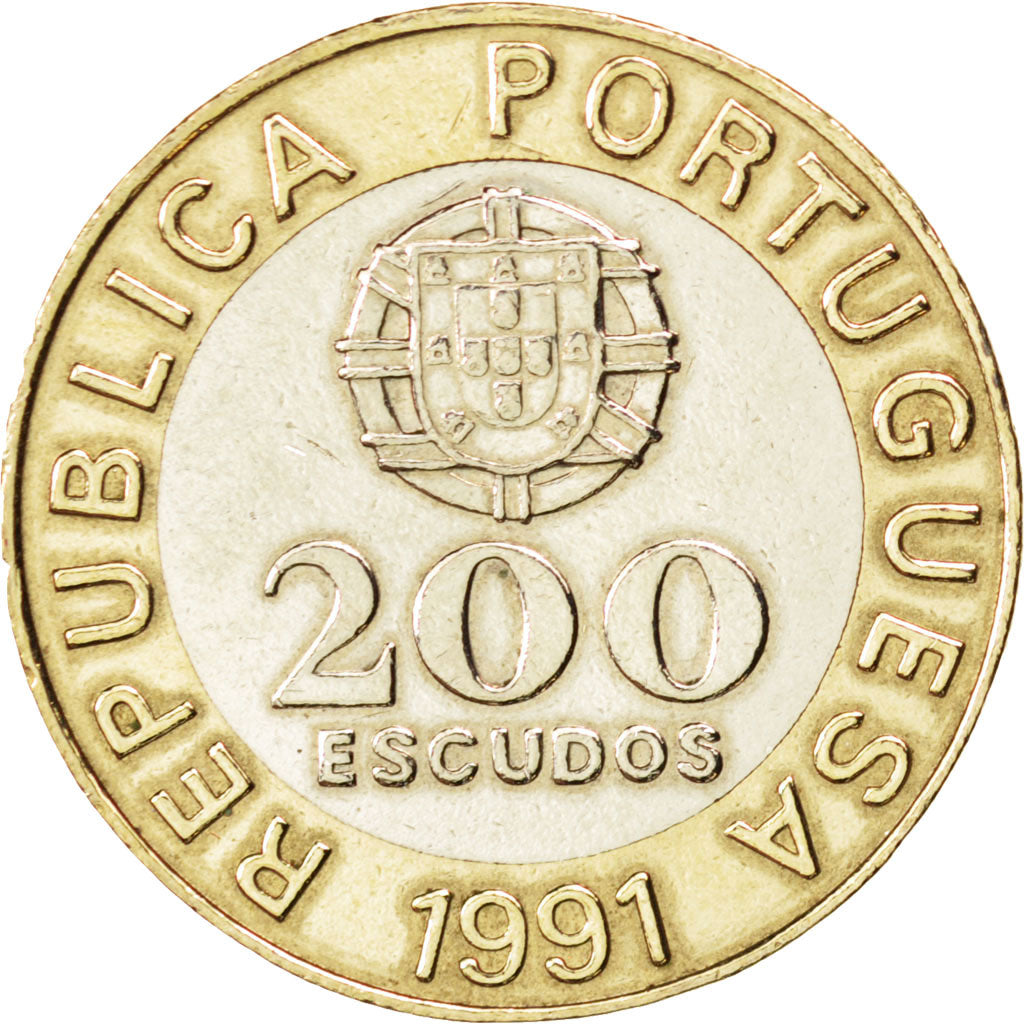 PORTUGAL, 200 Escudos, 1991, KM #655, MS(63), Bi-Metallic, 28, 9.77