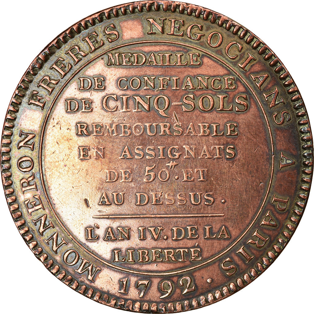 Coin, France, Monneron, 5 Sols, 1792, Birmingham, EF(40-45), Bronze, KM:Tn31