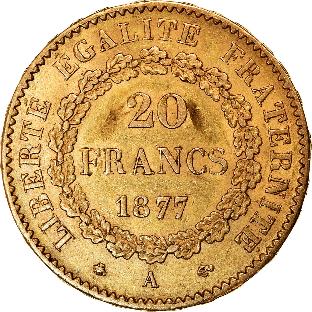 Moneta, Francja, Génie, 20 Francs, 1877, Paris, AU(50-53), Złoto, KM:825