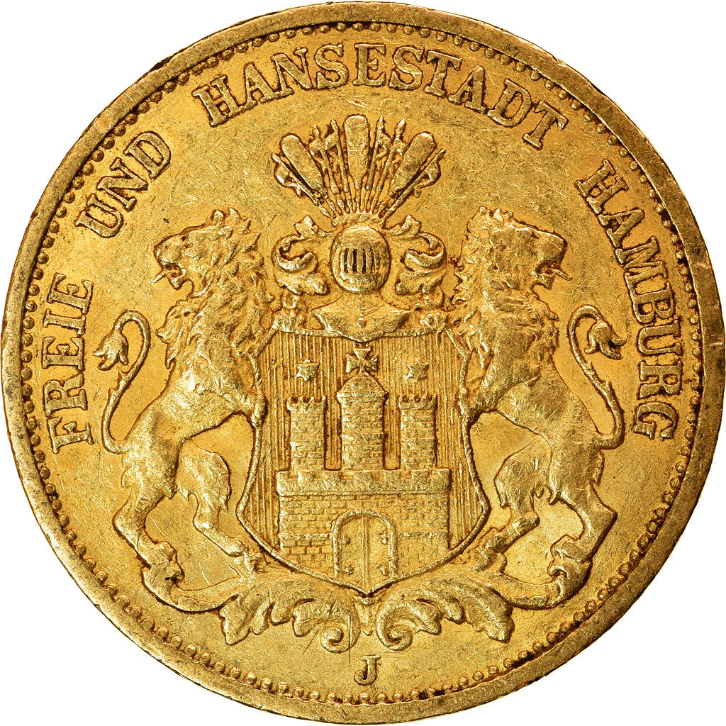 Moneda, Estados alemanes, HAMBURG, 20 Mark, 1878, Hamburg, MBC+, Oro, KM:602