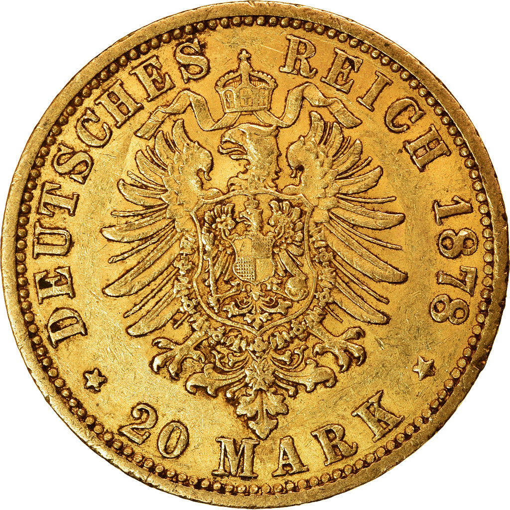 Moneda, Estados alemanes, HAMBURG, 20 Mark, 1878, Hamburg, MBC+, Oro, KM:602