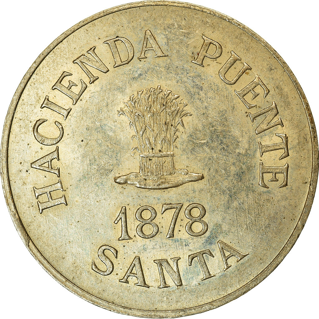 Moneda, Perú, Hacienda Puente Santa, 10 Centavos, 1878, SC, Cobre - níquel