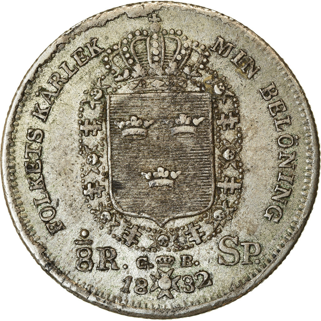 Coin, Sweden, Carl XIV Johan, 1/8 Riksdaler, 1832, AU(50-53), Silver, KM:626