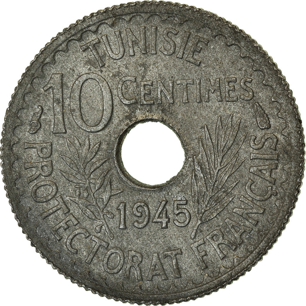 Moeda, Tunísia, Muhammad al-Amin Bey, 10 Centimes, 1945, Paris, AU(55-58)
