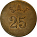 Moneta, Francia, S.A.F., Uncertain Mint, 25 Centimes, BB+, Ottone