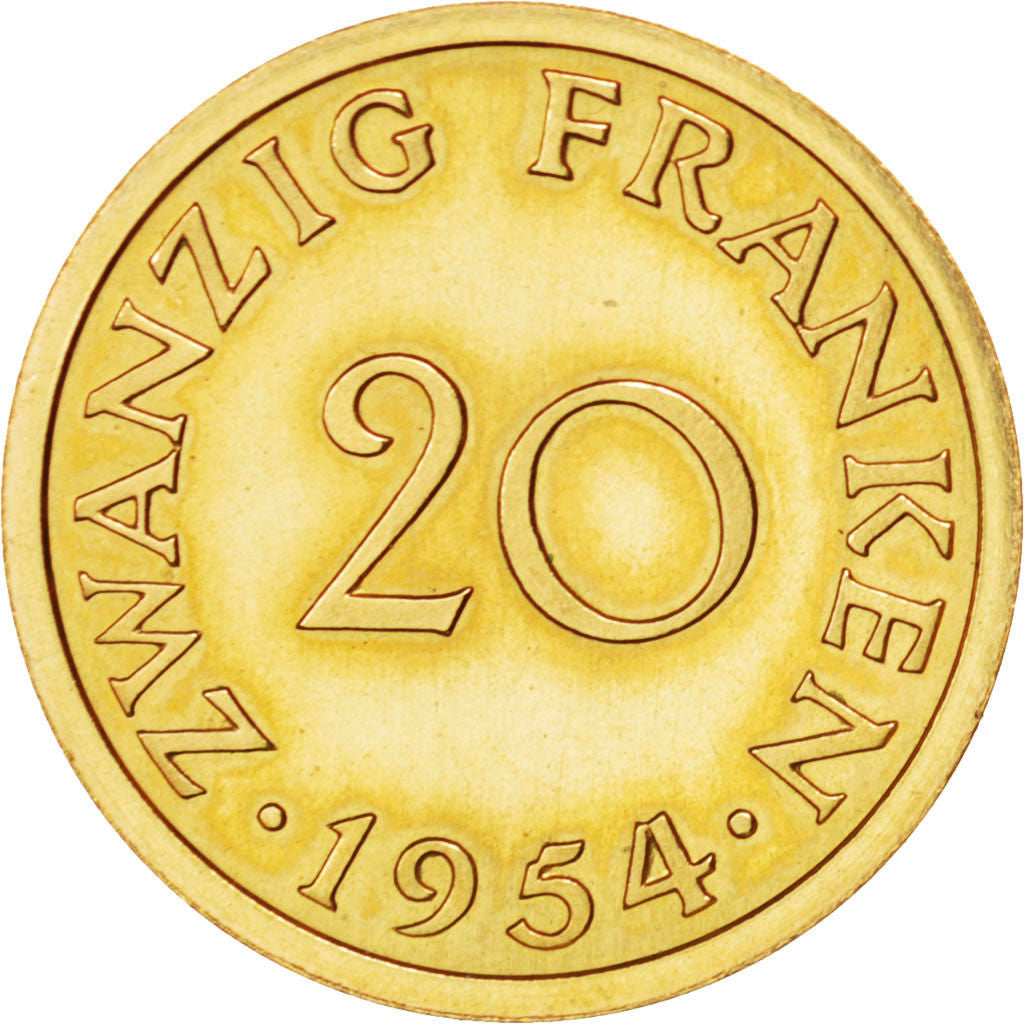 SAARLAND, 20 Franken, 1954, Paris, KM #E4, MS(63), Gold, Gadoury #2, 9.70