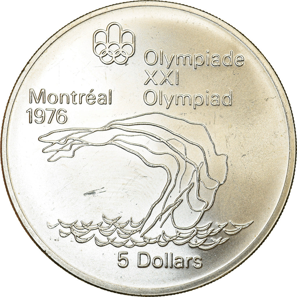 Moneda, Canadá, Elizabeth II, Platform Diver, 5 Dollars, 1975, EBC+, Plata