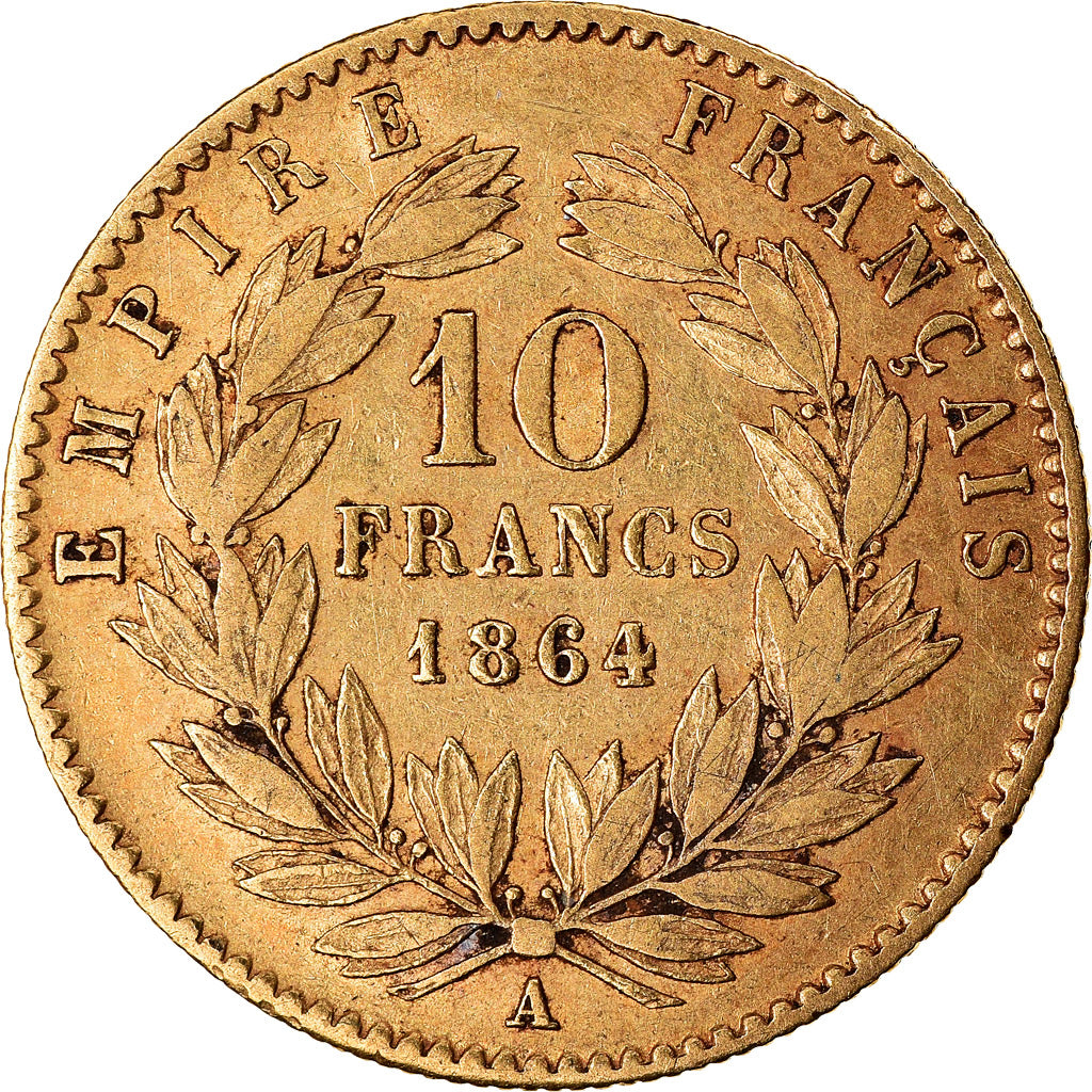 Moneda, Francia, Napoleon III, 10 Francs, 1864, Paris, BC+, Oro, KM:800.1