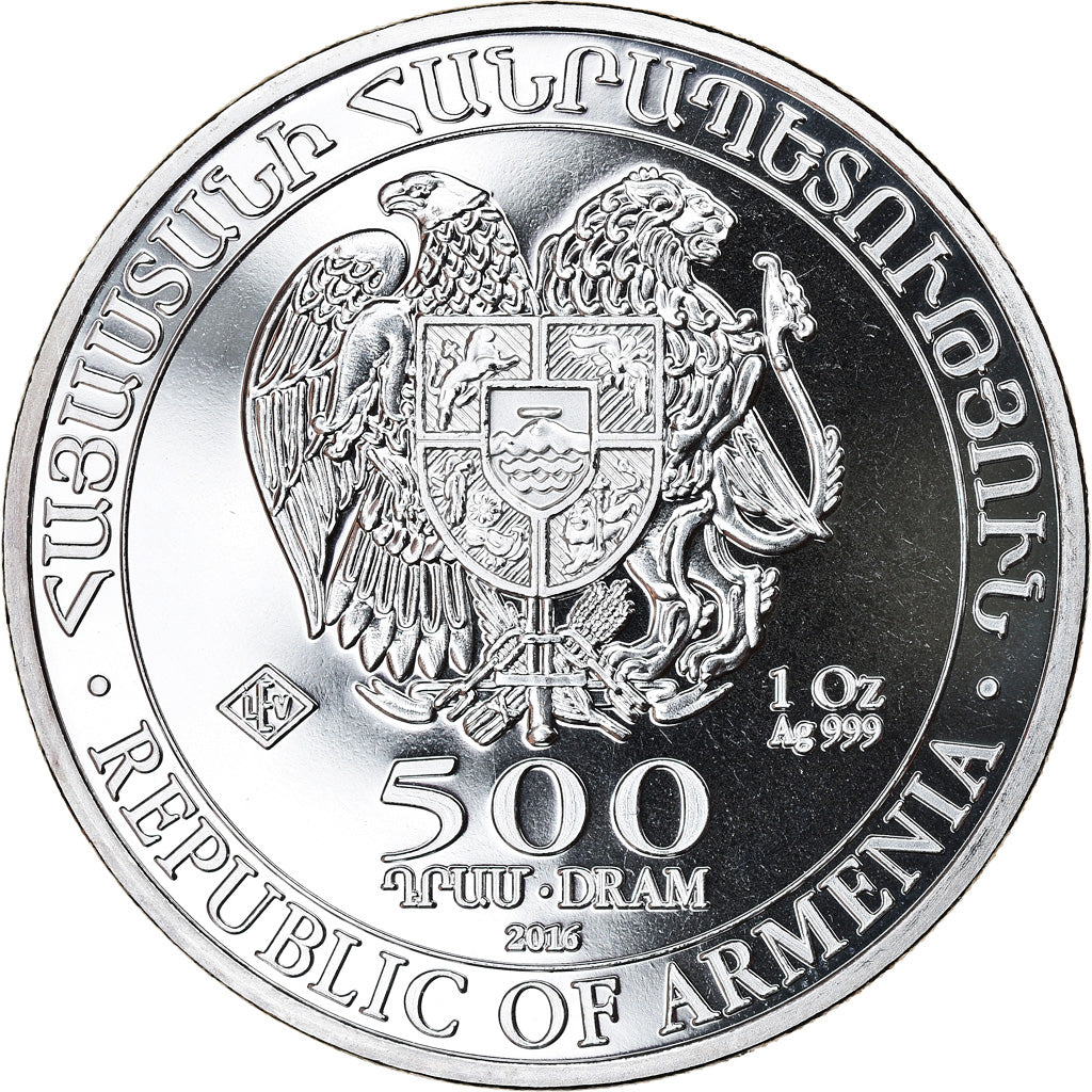 Coin, Armenia, Noah's Ark, 500 Dram, 2016, 1 Oz, MS(65-70), Silver, KM:196