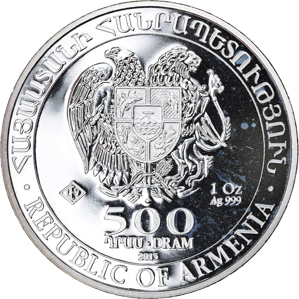Coin, Armenia, Noah's Ark, 500 Dram, 2015, 1 Oz, MS(65-70), Silver, KM:196