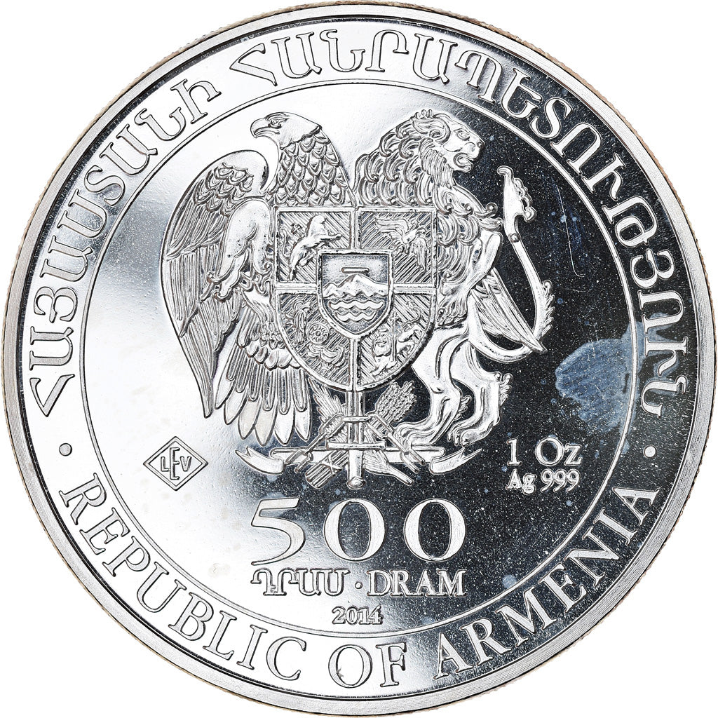 Coin, Armenia, Noah's Ark, 500 Dram, 2014, 1 Oz, MS(65-70), Silver, KM:196