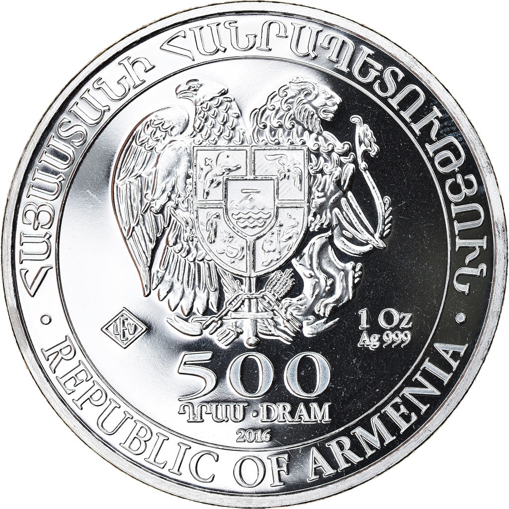 Coin, Armenia, Noah's Ark, 500 Dram, 2016, 1 Oz, MS(65-70), Silver, KM:196
