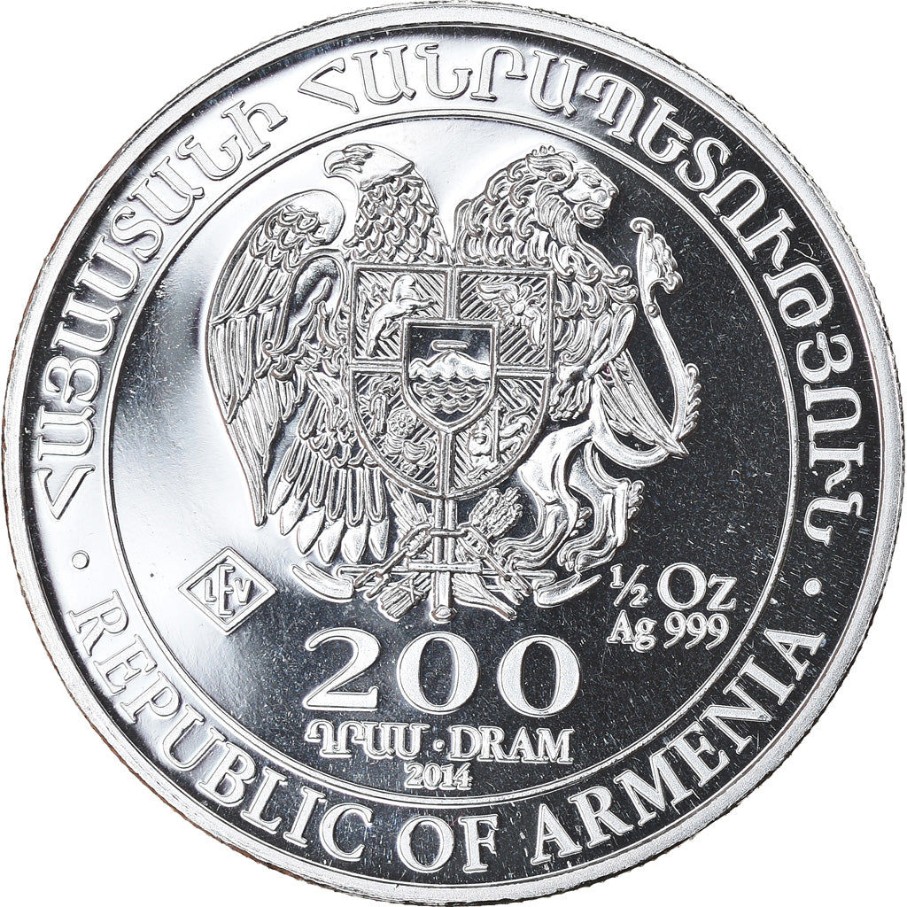 Coin, Armenia, Noah's Ark, 200 Dram, 2014, 1/2 Oz, MS(65-70), Silver, KM:197.1