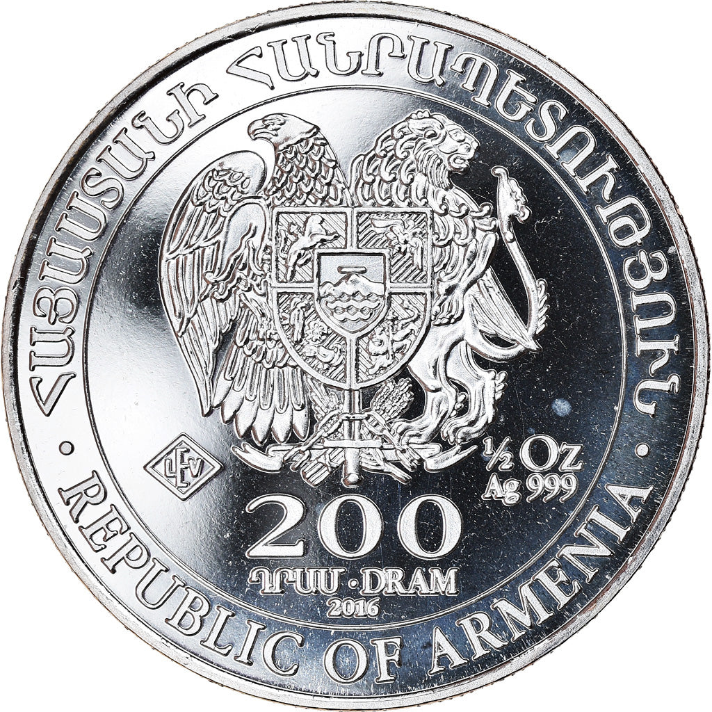 Coin, Armenia, Noah's Ark, 200 Dram, 2016, 1/2 Oz, MS(65-70), Silver, KM:197.1