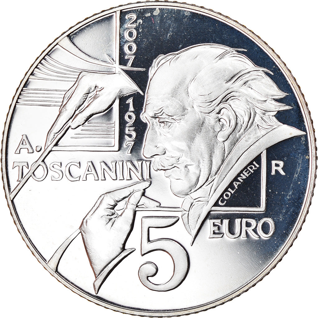 San Marino, 5 Euro, Toscanini, 2007, MS(65-70), Silver, KM:474