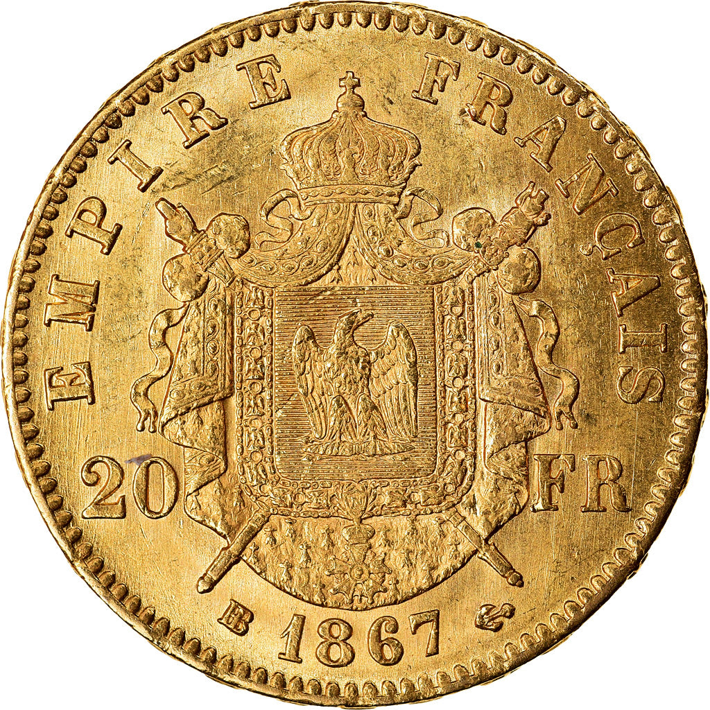 Moeda, França, Napoleon III, 20 Francs, 1867, Strasbourg, AU(55-58), Dourado
