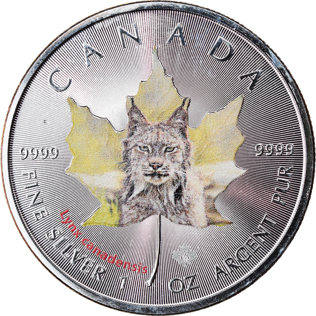 Moneda, Canadá, Maple Leaf, 5 Dollars, 2015, Lynx canadensis, FDC, Plata