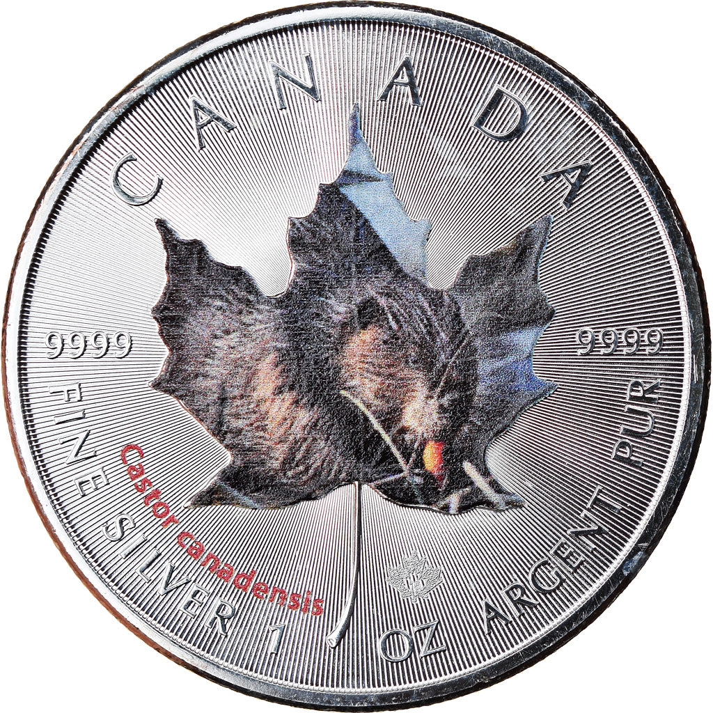 Coin, Canada, Maple Leaf, 5 Dollars, 2015, Castor canadensis, MS(65-70), Silver