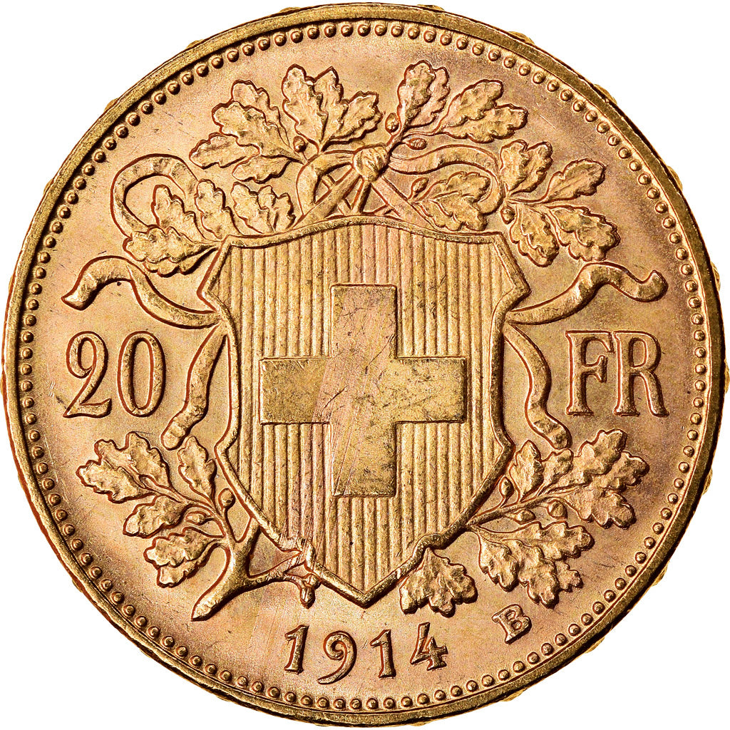 Coin, Switzerland, 20 Francs, 1914, Bern, MS(63), Gold, KM:35.1