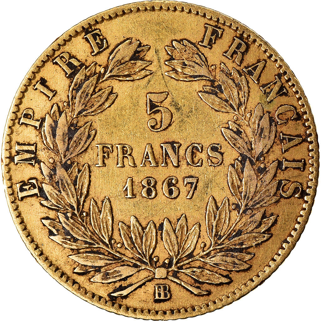 Coin, France, Napoleon III, 5 Francs, 1867, Strasbourg, EF(40-45), Gold