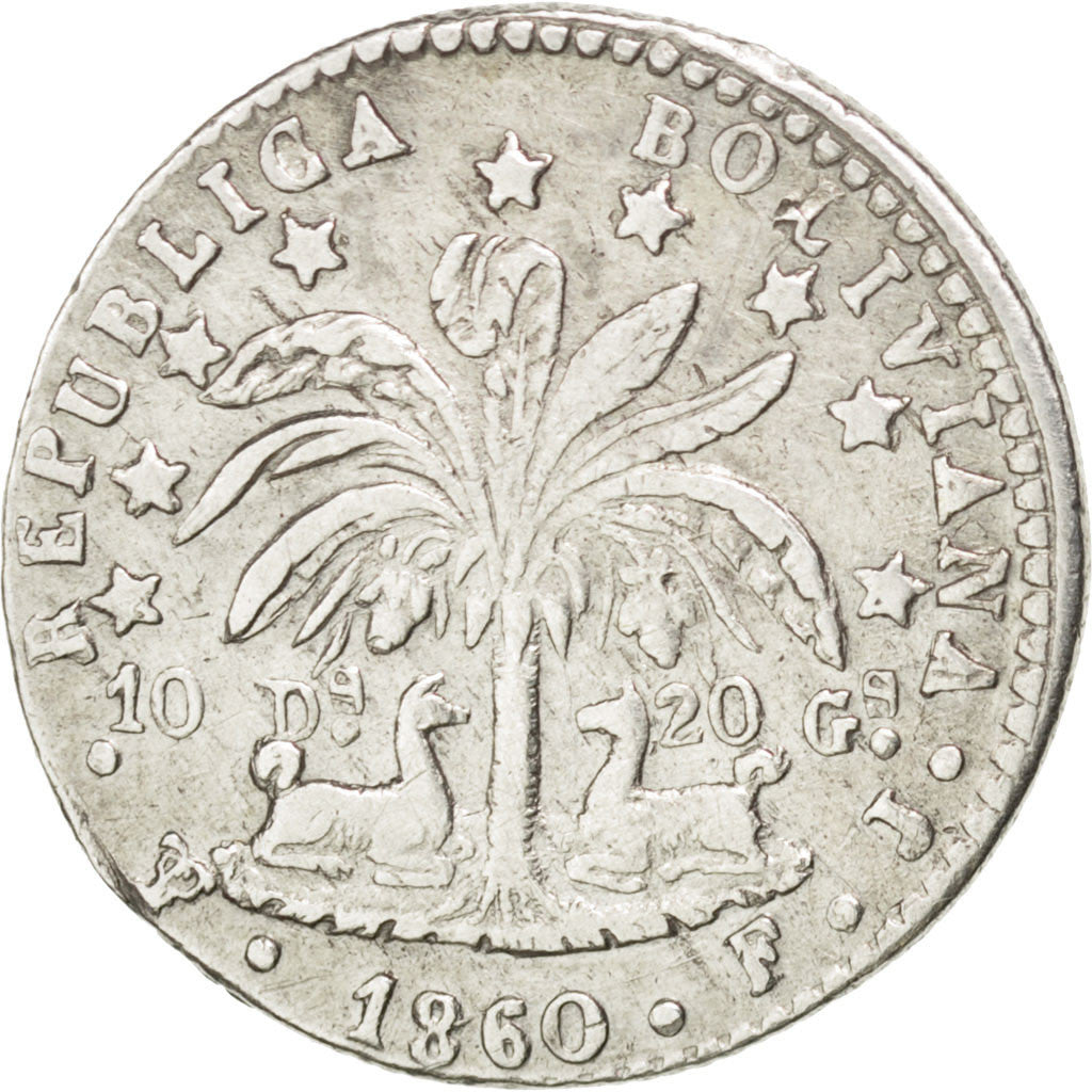 Moneda, Bolivia, Sol, 1860, Potosi, MBC, Plata, KM:134.2