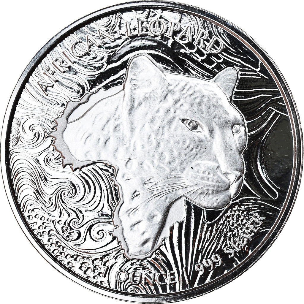 Moeda, Gana, African Leopard, 5 Cedis, 2019, 1 Oz, MS(65-70), Prata