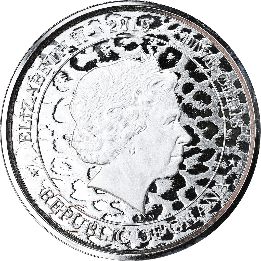 Moeda, Gana, African Leopard, 5 Cedis, 2019, 1 Oz, MS(65-70), Prata