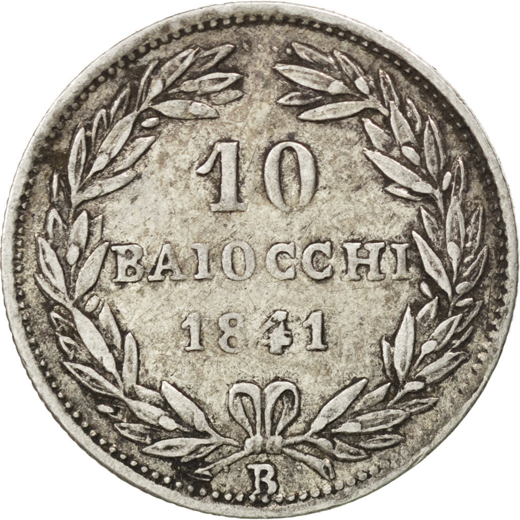 ITALIAN STATES, 10 Baiocchi, 1841, KM #1325, EF(40-45), Silver, 2.69
