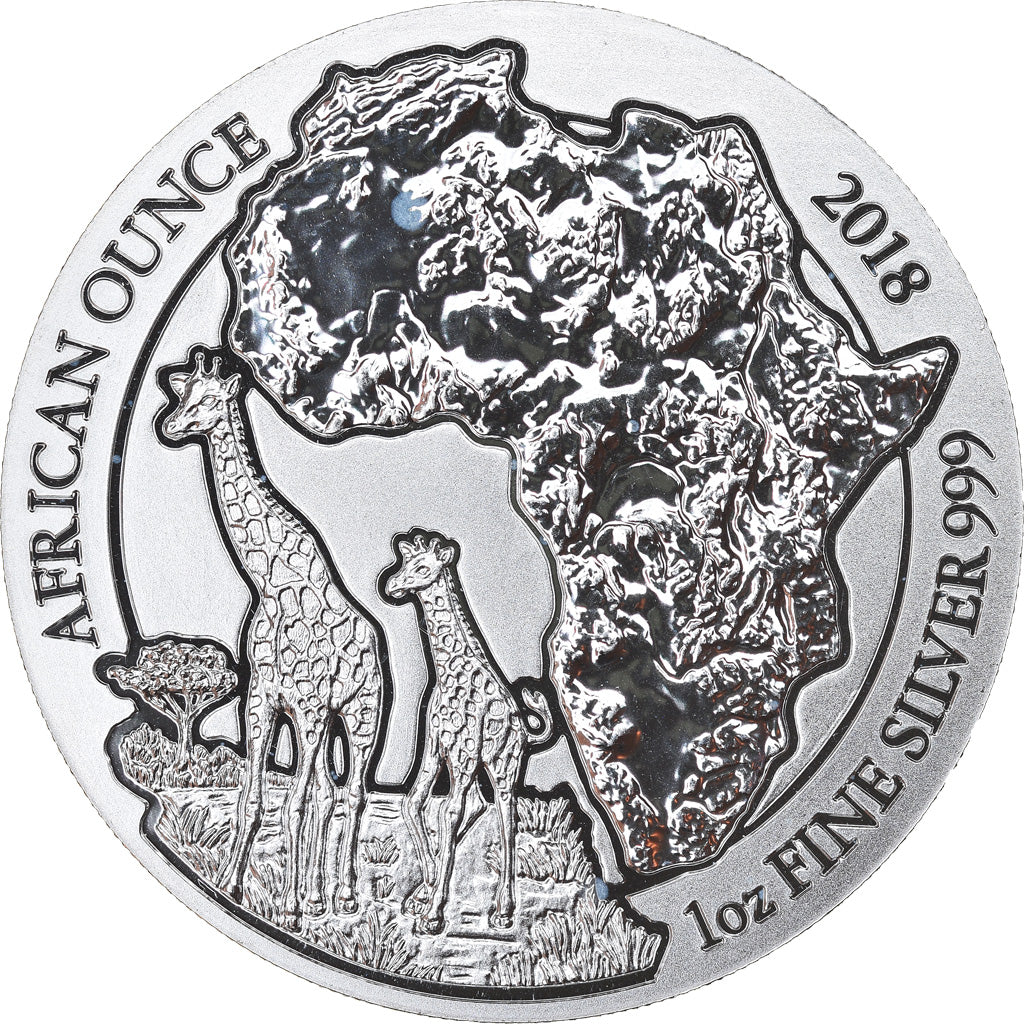 Coin, Rwanda, Giraffes, 50 Francs, 2018, 1 Oz, MS(65-70), Silver