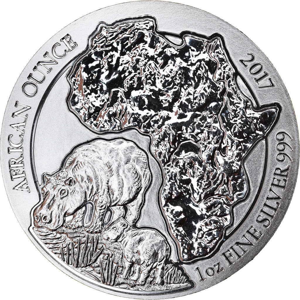 Coin, Rwanda, Hippopotamus, 50 Francs, 2017, 1 Oz, MS(65-70), Silver