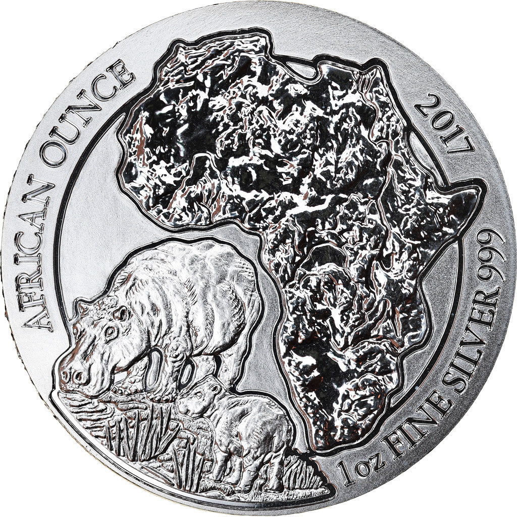 Coin, Rwanda, Hippopotamus, 50 Francs, 2017, 1 Oz, MS(65-70), Silver
