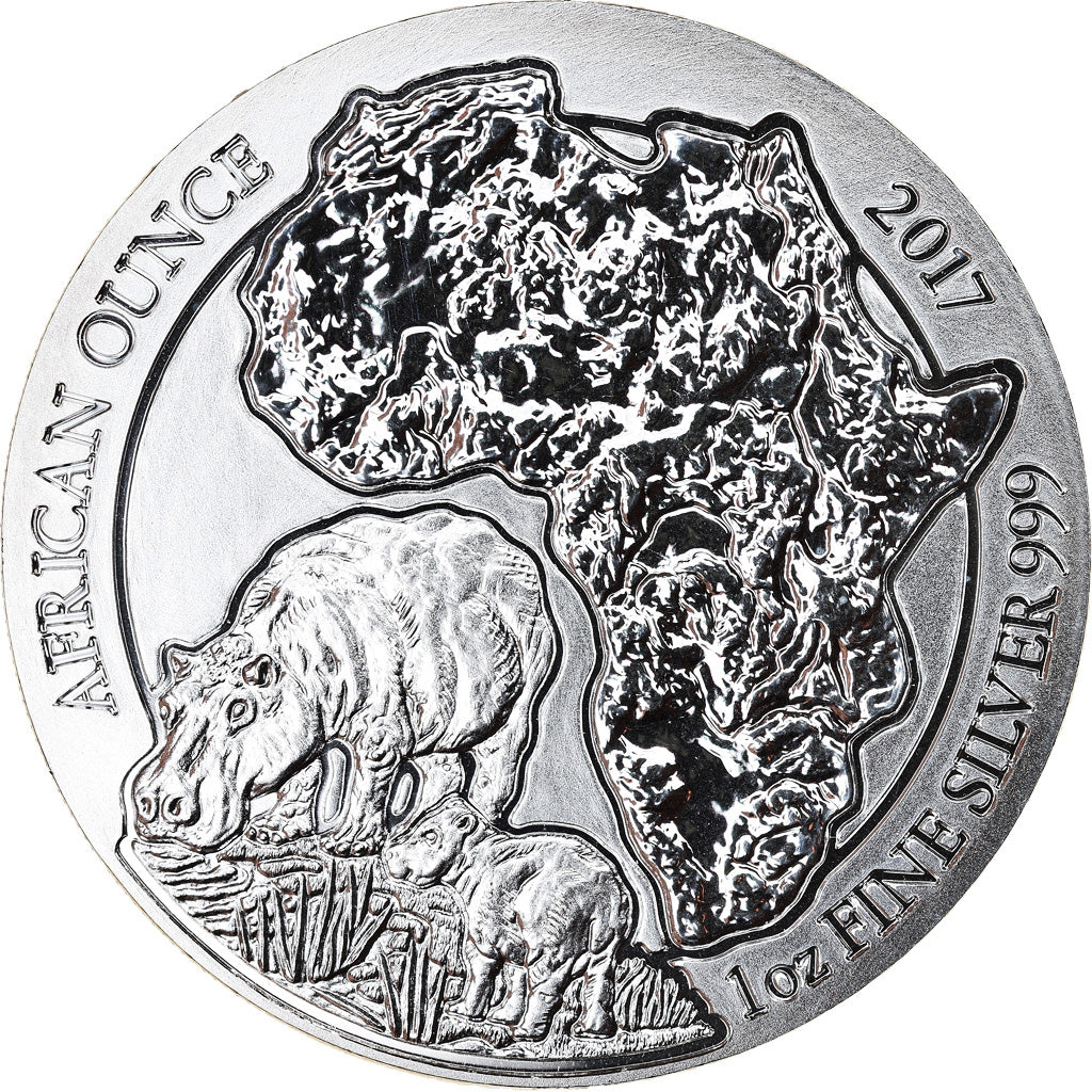 Coin, Rwanda, Hippopotamus, 50 Francs, 2017, 1 Oz, MS(65-70), Silver