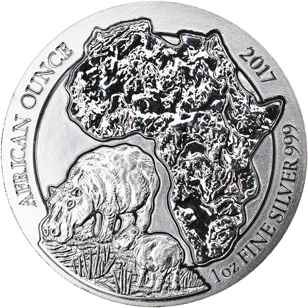 Coin, Rwanda, Hippopotamus, 50 Francs, 2017, 1 Oz, MS(65-70), Silver