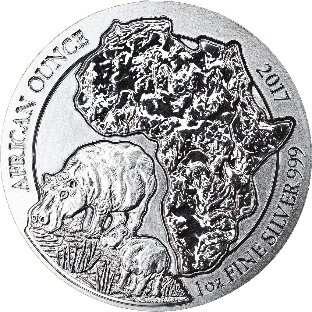 Coin, Rwanda, Hippopotamus, 50 Francs, 2017, 1 Oz, MS(65-70), Silver