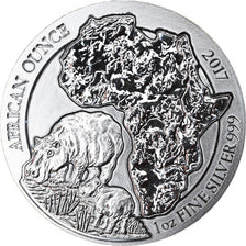 Coin, Rwanda, Hippopotamus, 50 Francs, 2017, 1 Oz, MS(65-70), Silver