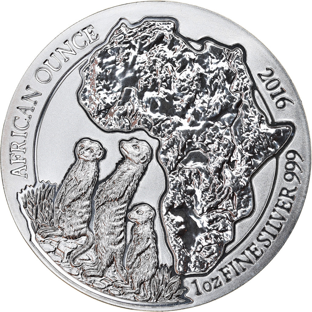 Moeda, Ruanda, Suricate, 50 Francs, 2016, 1 Oz, MS(65-70), Prata