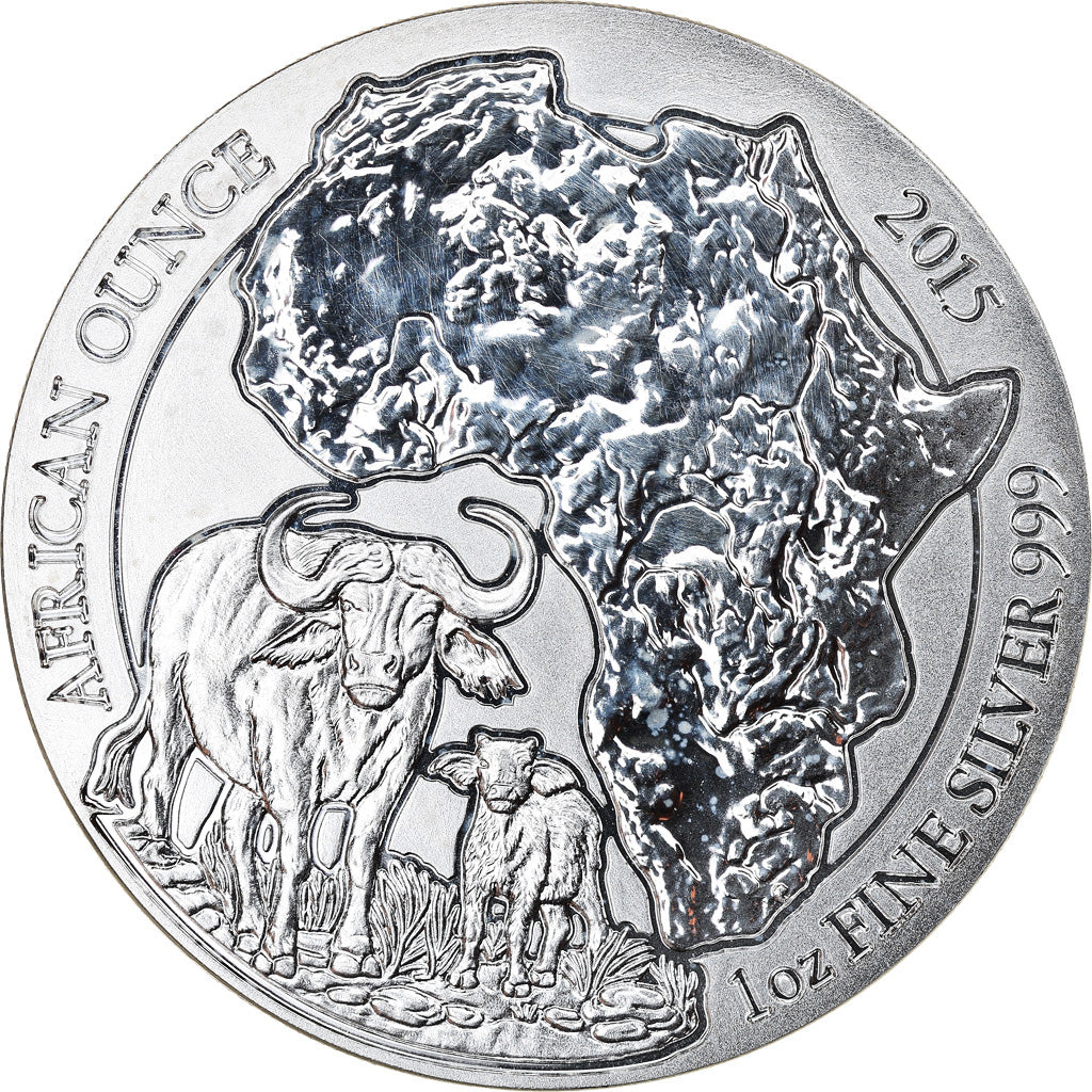 Coin, Rwanda, Cape Buffalo, 50 Francs, 2015, 1 Oz, MS(65-70), Silver