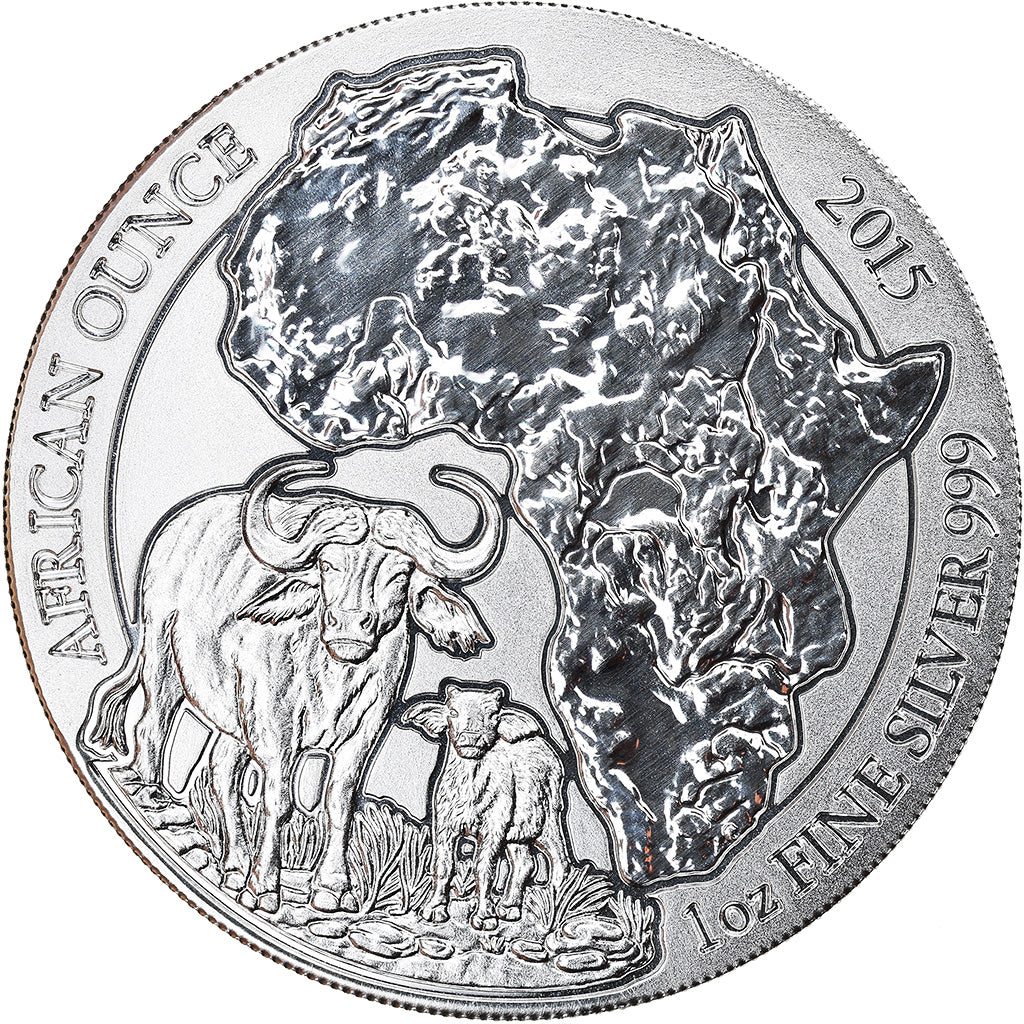 Coin, Rwanda, Cape Buffalo, 50 Francs, 2015, 1 Oz, MS(65-70), Silver