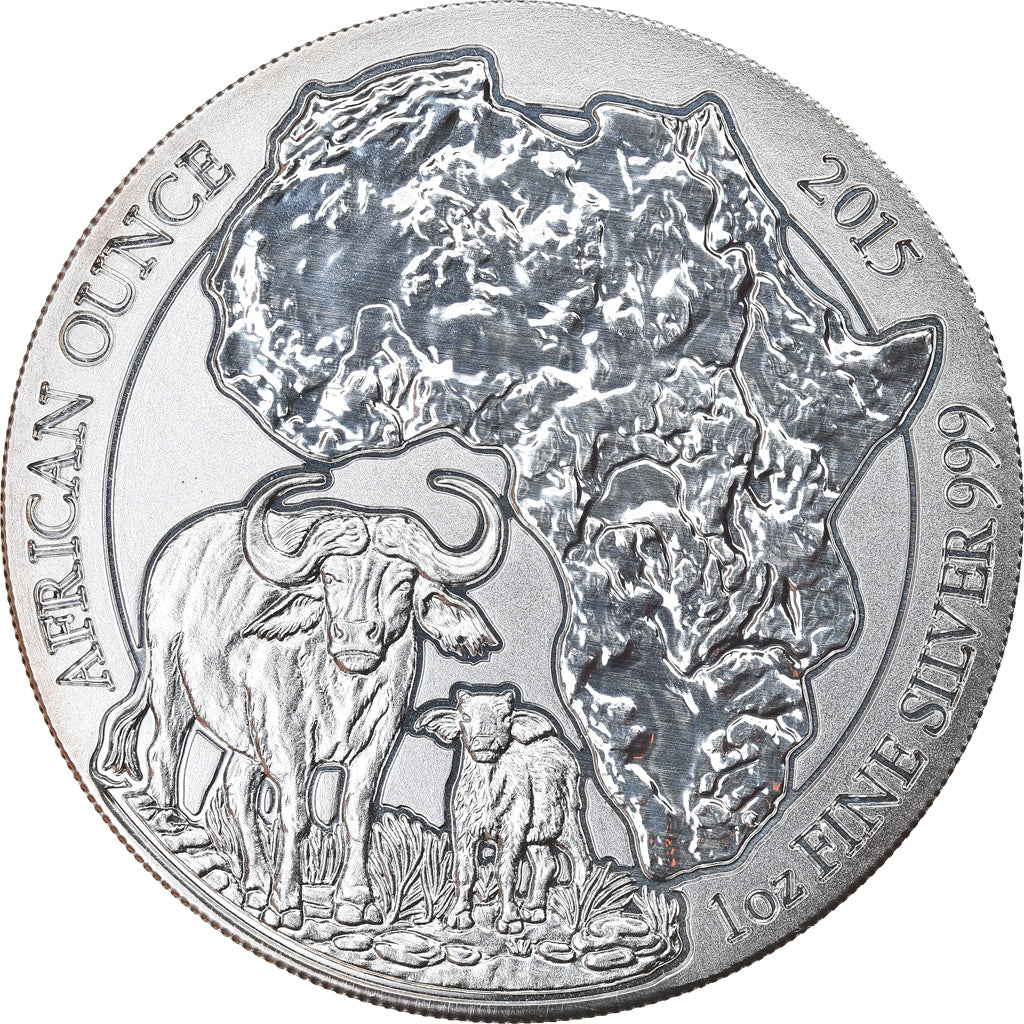 Coin, Rwanda, Cape Buffalo, 50 Francs, 2015, 1 Oz, MS(65-70), Silver