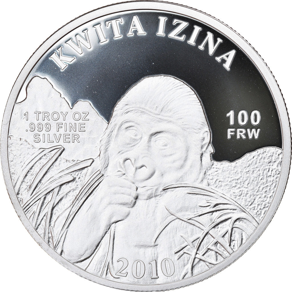 Coin, Rwanda, Mountain Gorilla, 100 Francs, 2010, 1 Oz, MS(65-70), Silver