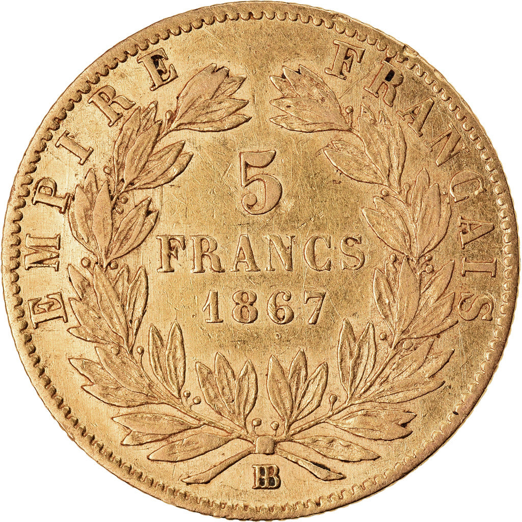 Münze, Frankreich, Napoleon III, 5 Francs, 1867, Strasbourg, S+, Gold