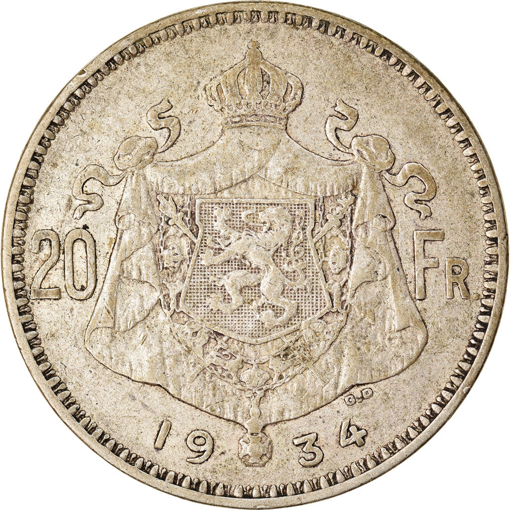 Coin, Belgium, 20 Francs, 20 Frank, 1934, VF(30-35), Silver, KM:104.1