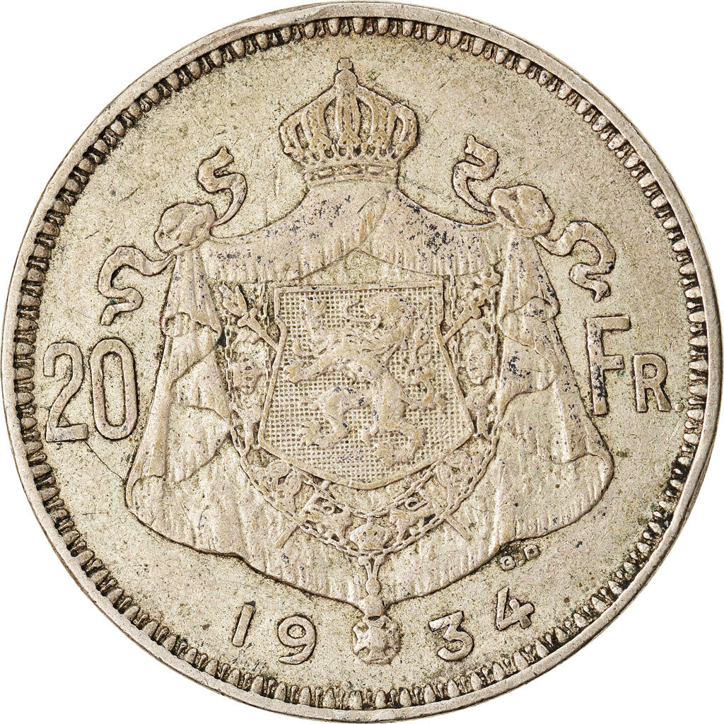 Coin, Belgium, 20 Francs, 20 Frank, 1934, VF(30-35), Silver, KM:104.1