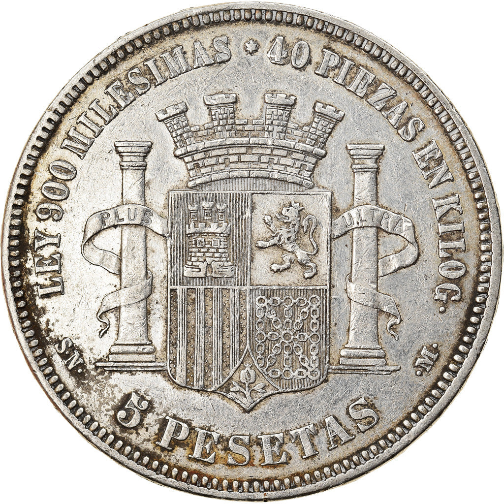 Coin, Spain, Provisional Government, 5 Pesetas, 1870, EF(40-45), Silver, KM:655