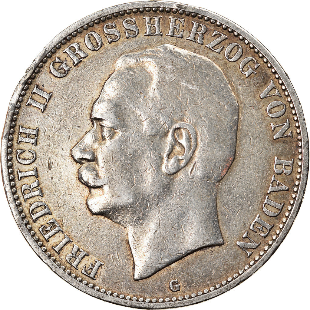 Coin, German States, BADEN, Friedrich II, 5 Mark, 1908, Karlsruhe, VF(30-35)