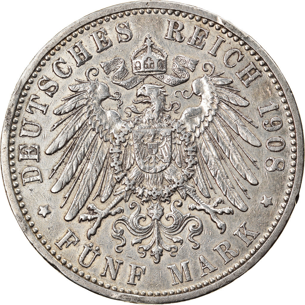 Coin, German States, BADEN, Friedrich II, 5 Mark, 1908, Karlsruhe, VF(30-35)