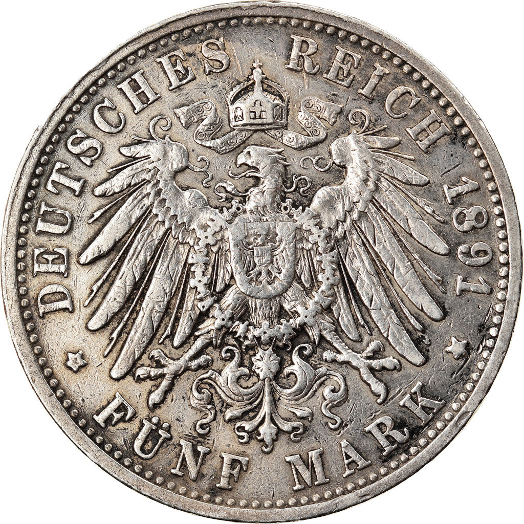Coin, German States, BADEN, Friedrich I, 5 Mark, 1891, Inverted V in BADEN